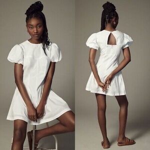 Anthropologie Maeve Puff-Sleeve White Pleated Dress Sz L NWT